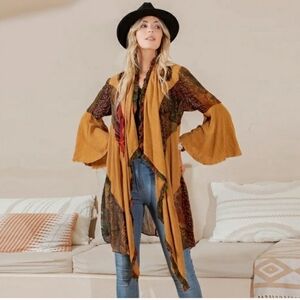 Young Threads Patchwork Bohemian Camel Open-Front Duster/Cardigan W/ Embroidery